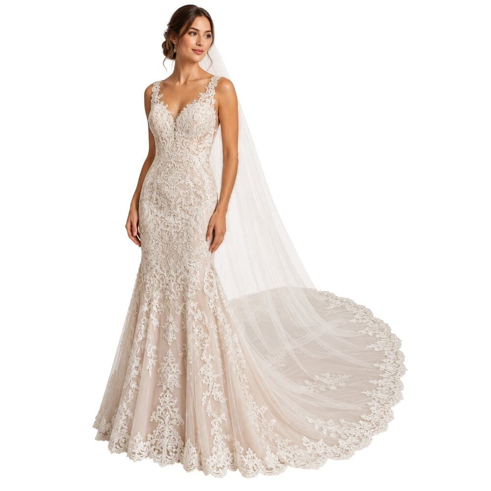 Essense of Australia Lace Embroidered Fit & Flare Veil Wedding Gown Ivory Size 8
